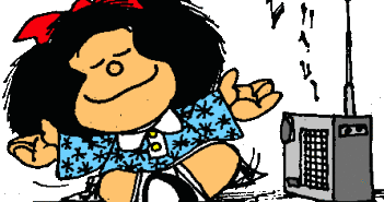 O mundo de Mafalda Figura da personagem Mafalda, menininha com laço vrmelho na cabeça.