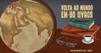 Volta ao mundo com livros Figura de um globo antigo e um livro do lado.